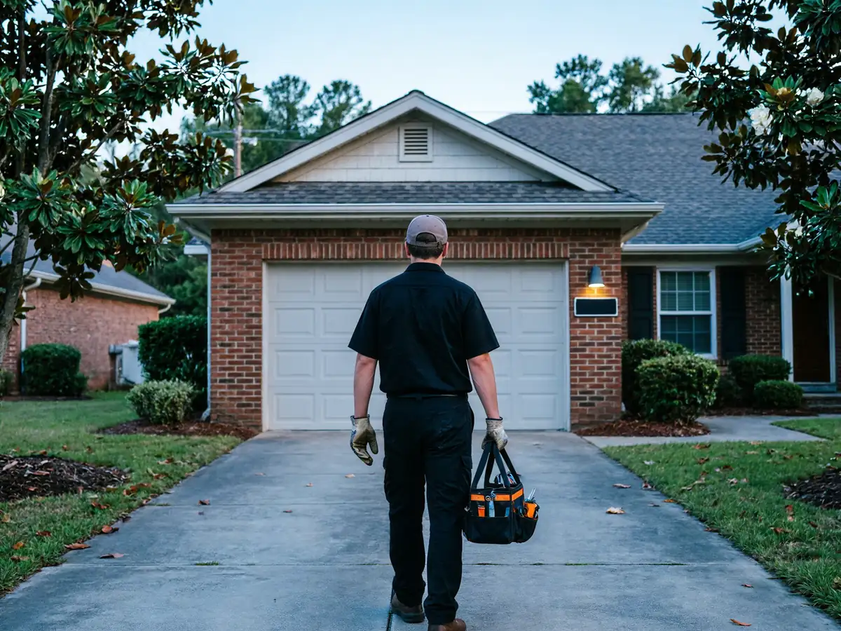 A technician walks toward a house with a white garage door, carrying a tool bag.