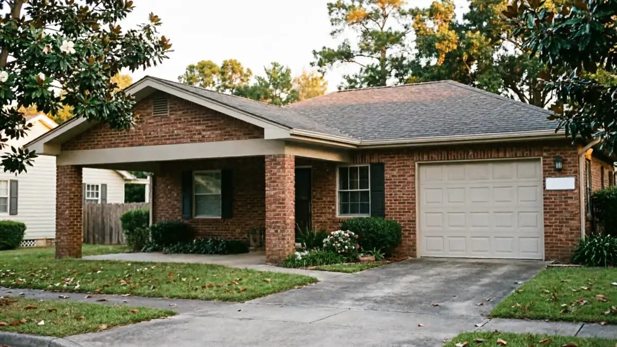 A brick house with a light-colored garage door and a covered entryway.