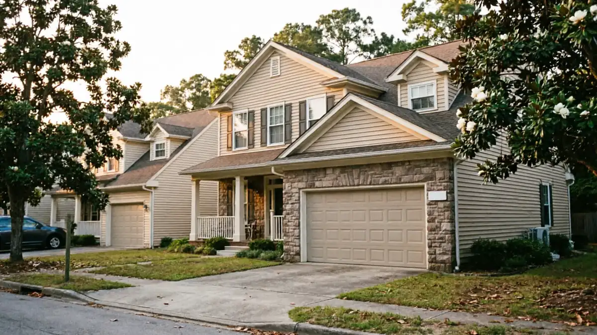 A two-story house with a tan garage door and stone facade.