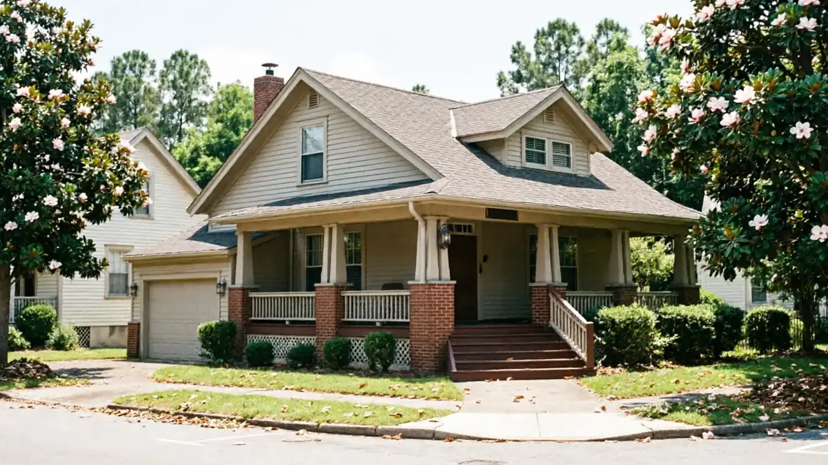 A light brown house with a front porch and a single garage door.