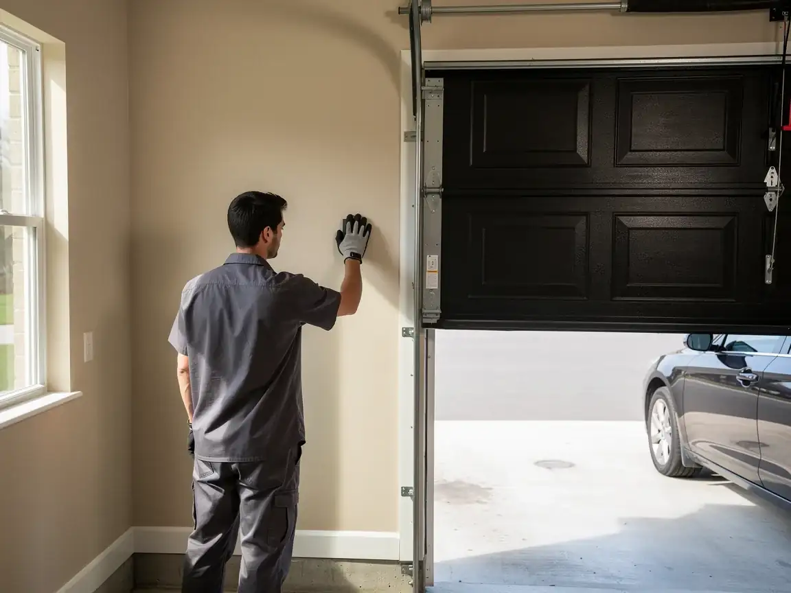 A technician in a gray uniform is touching a wall next to an open garage door.