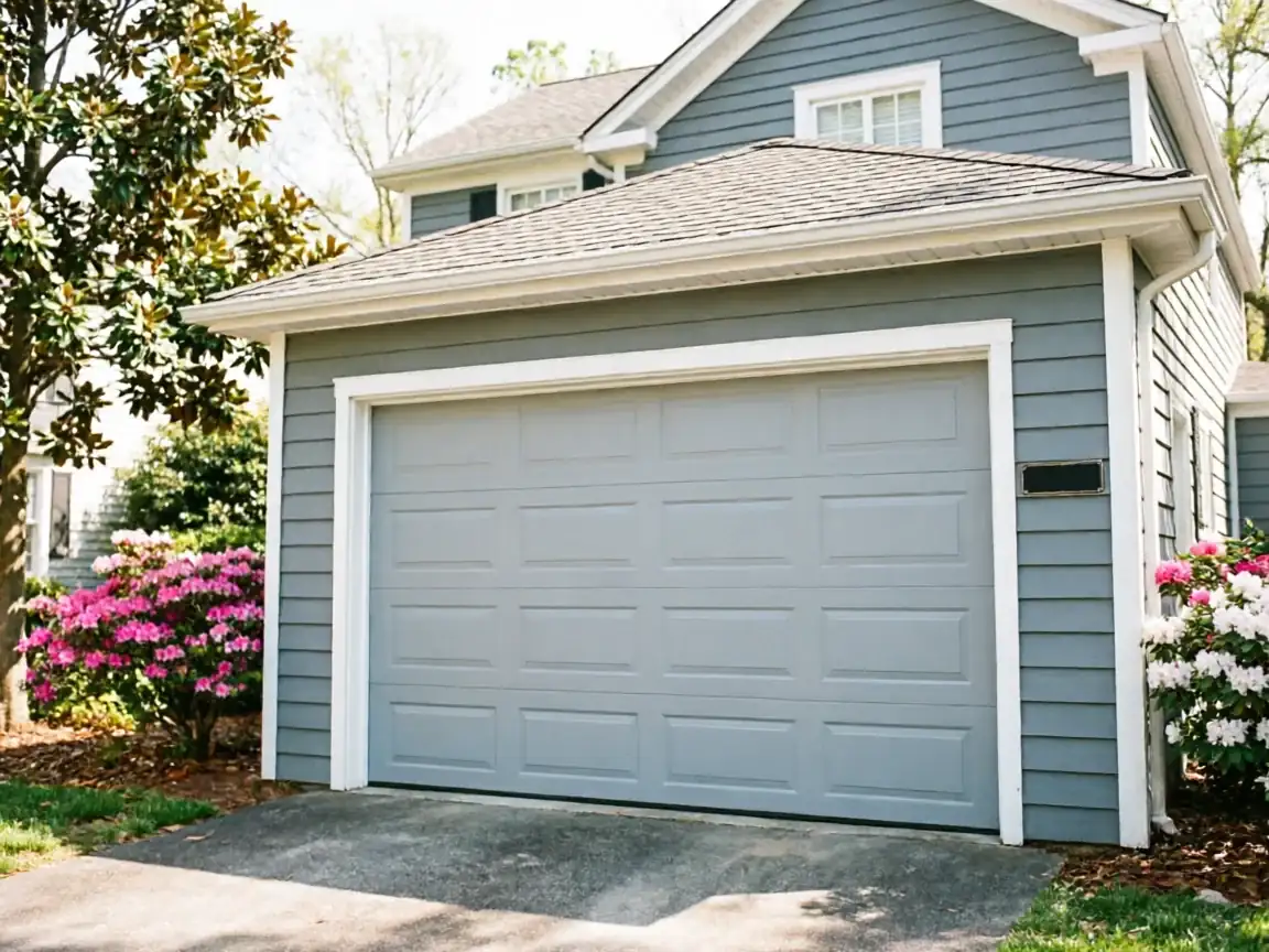 A light gray garage door is on a blue house with pink and white bushes.