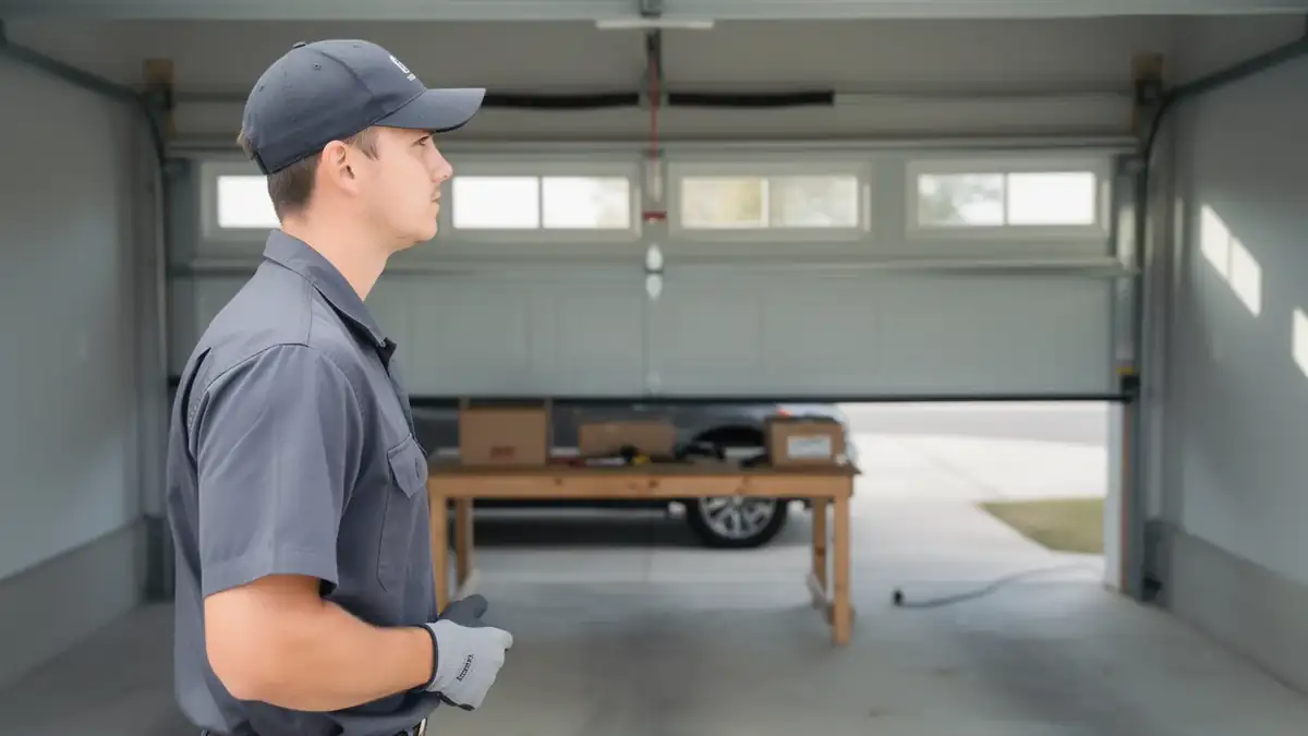 A technician in a gray uniform and cap stands in a garage with an open door.