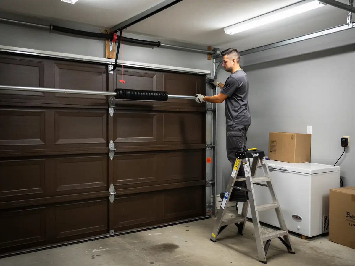A technician on a ladder is installing a new torsion spring on a brown garage door.