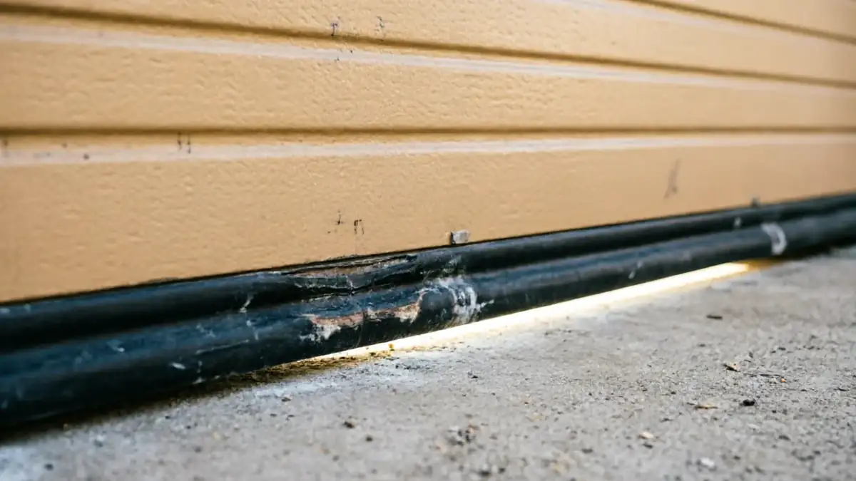 The bottom of a tan garage door has a damaged weather seal and a gap.